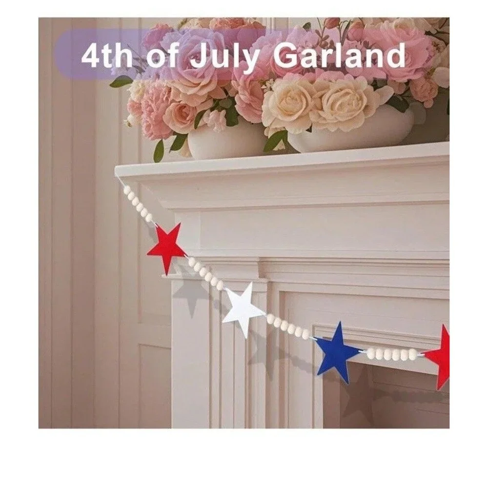 4th of July/Vet Patriotic Garland Wood Bead Garland Mantel Red White Blue 7.5 Ft